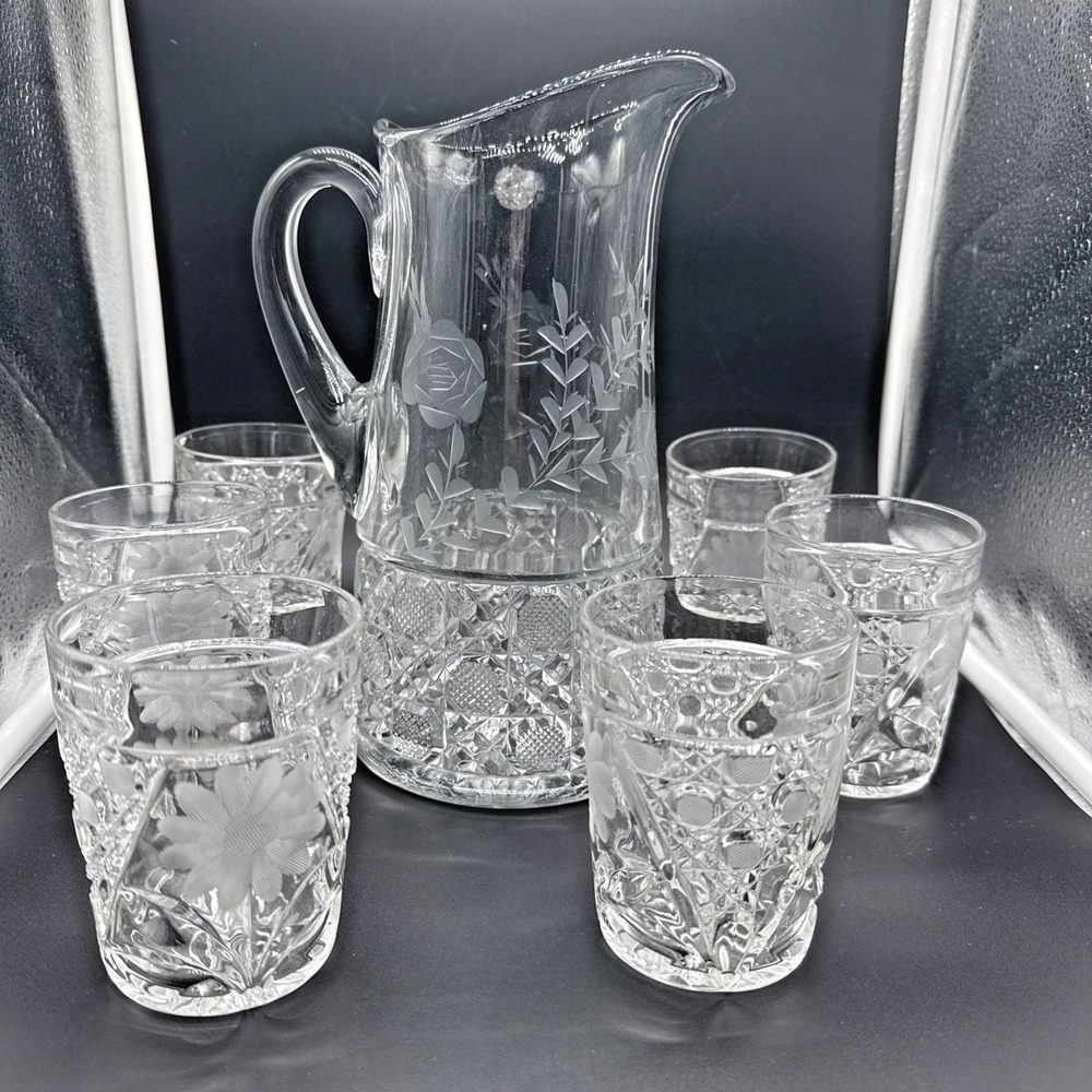 Antique American Brilliant Period Heavy Cut Glass Pitcher and 6 Glass Set 7pc